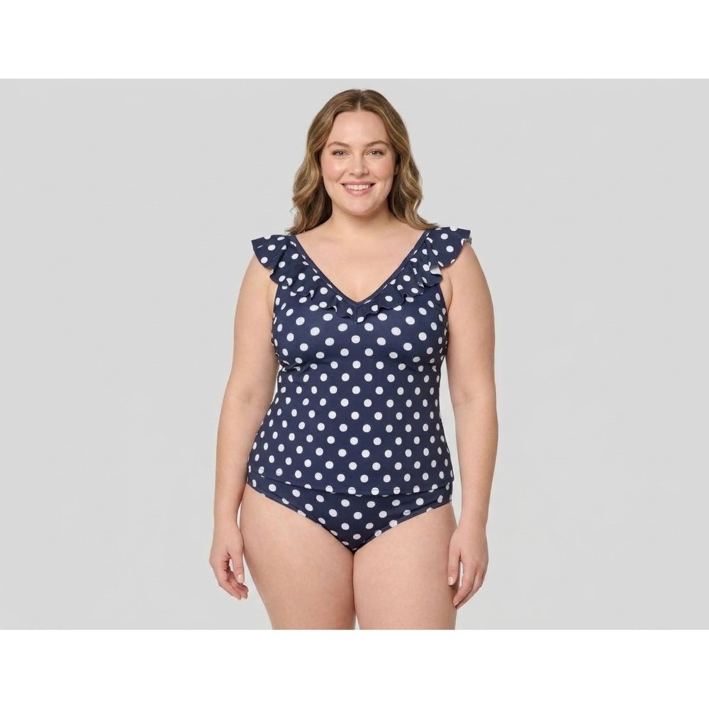 Retro Nautical Tankini Ruffle Neck Polka Dot Susan Graver Women 20 Navy A720071